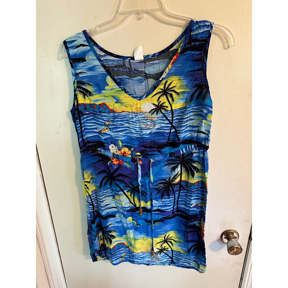 Palmwave Hawaii Tropical Scenic Rayon‎ Sleeveless Drawstring Tunic Dress Large